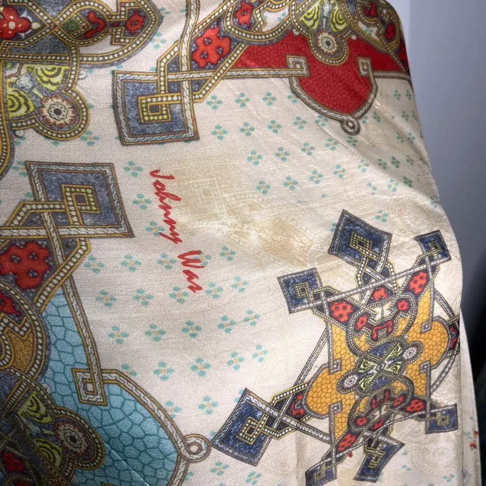 Johnny Was Silk Scarf Tassels Medallion Kaleidoscope Print Square 42x42 Blue
